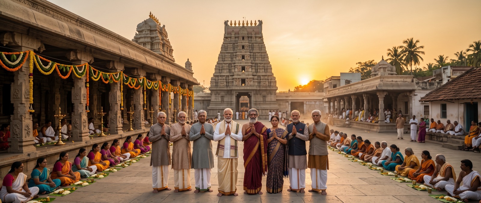 Elders stand with folded hands in a temple courtyard at sunset, devotees seated along both sides