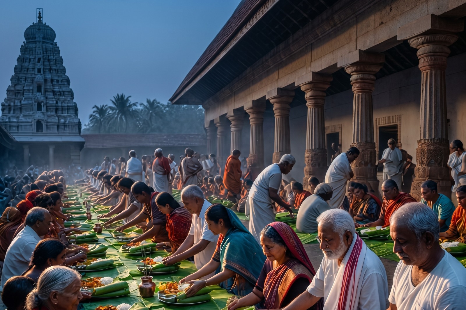 Devotees seated in long rows at a temple, served a meal on banana leaves