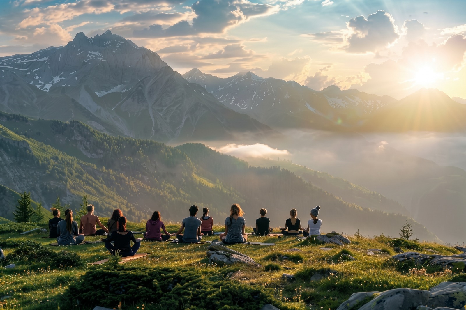 A group seated in meditation on a mountain meadow at sunrise