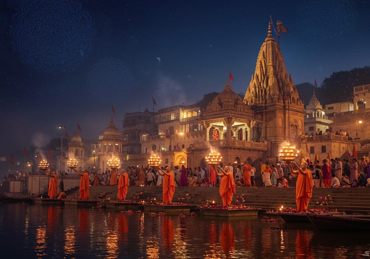 Saffron-robed priests raise lamps in an evening aarti on the river ghats, a temple lit behind them