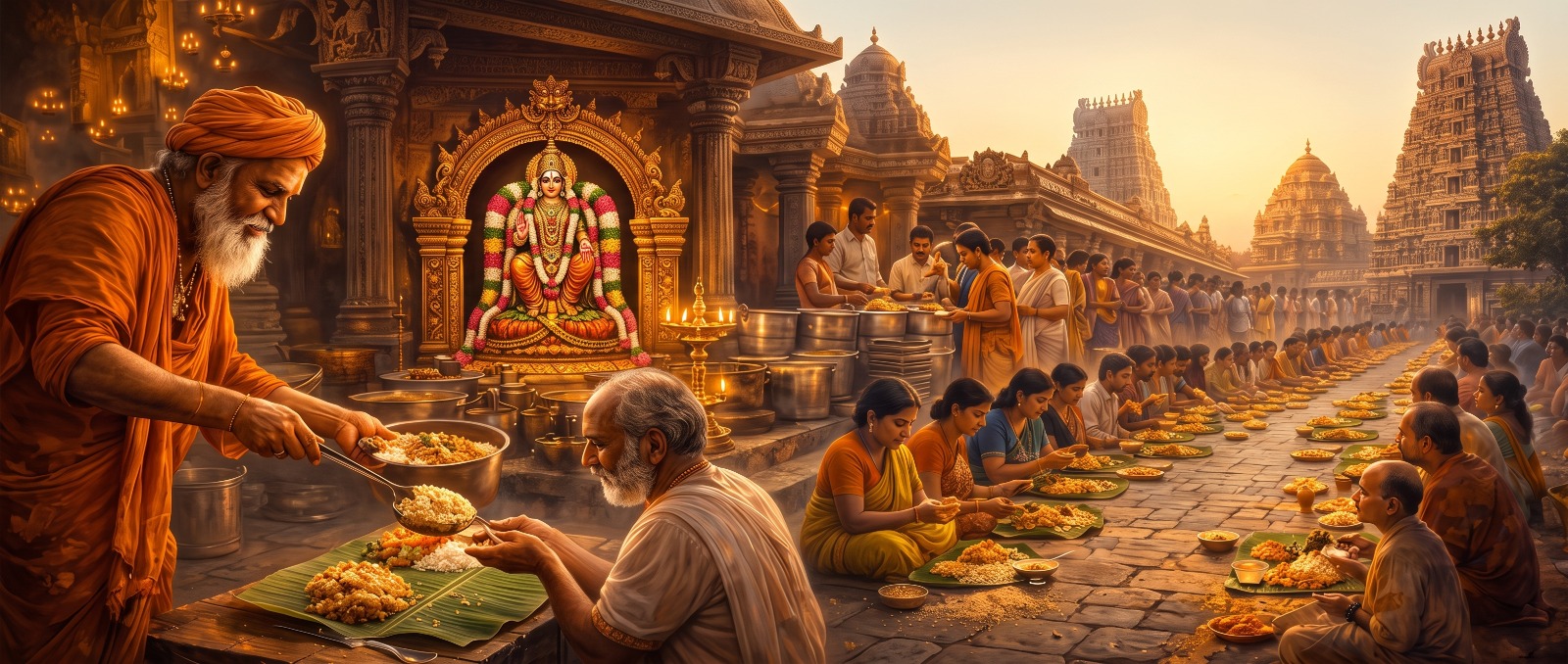 Annadanam at a temple: a sadhu serves food on banana leaves to devotees seated in long rows