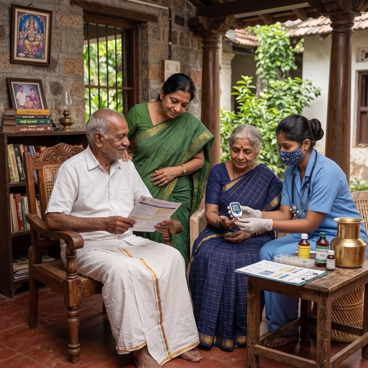 A nurse checks an elderly woman's blood sugar at home while her husband and daughter look on