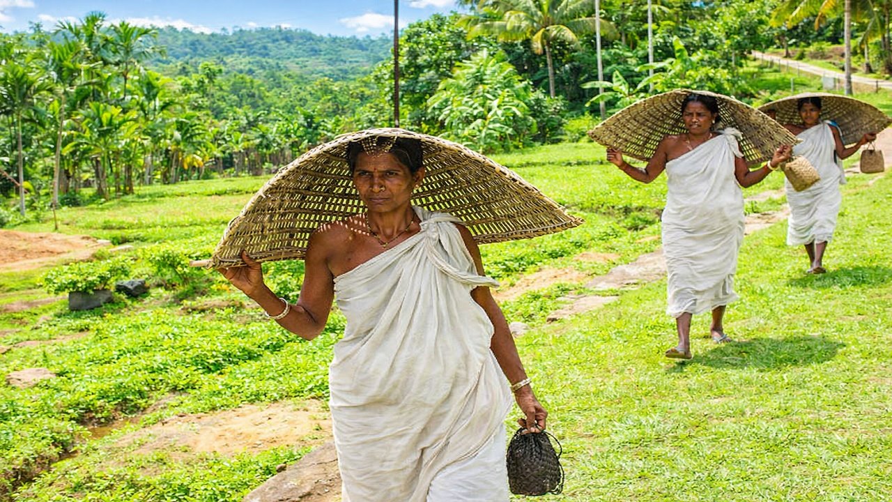 Tribal women of Wayanad in white mundu walk along a green field path, carrying wide woven bamboo baskets